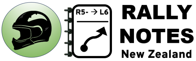Rally Notes New Zealand logo; a rally helmet in front of a green circle beside a notebook depicting instructions: R5 into L6, and a windy arrow